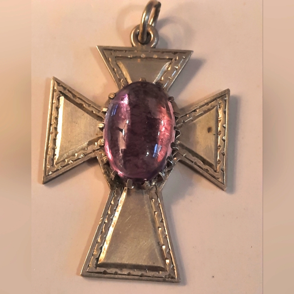 Sterling Silver Cross Vintage Or Antic With Round Purple Stone. European
